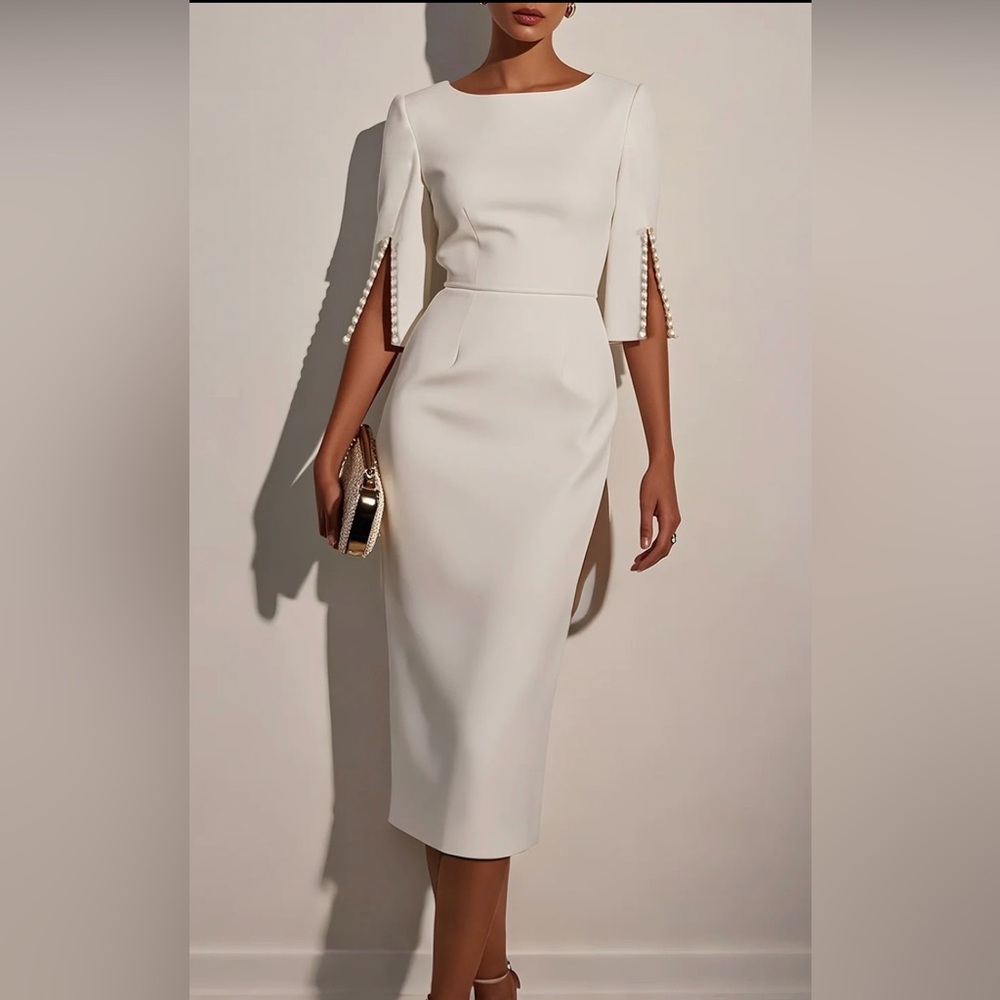 Sophisticated Long Sleeve White Dress with Pearl Details
